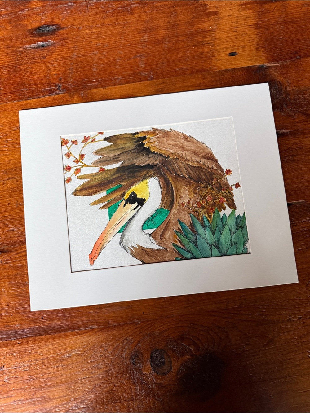 Brown Pelican Watercolor Matted Painting